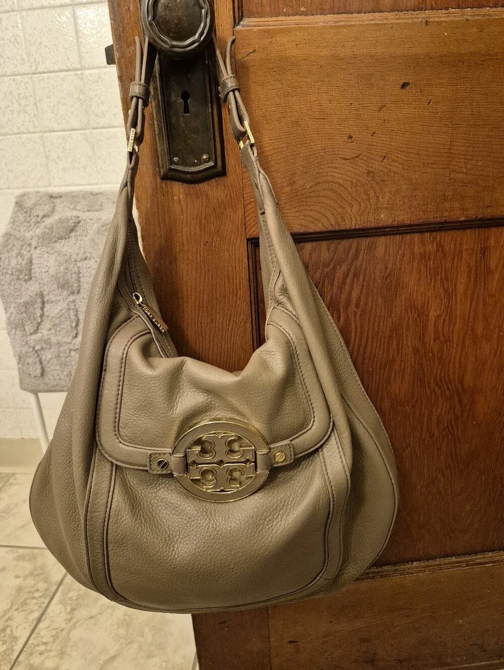 Tory Burch Taupe Pebbled Leather Hobo with Gold Logo Medallion